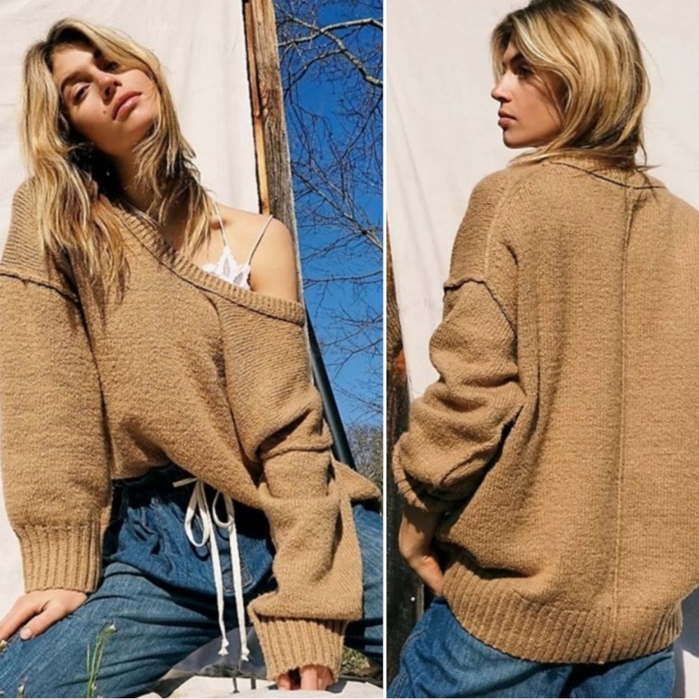 Free People Retro 90s Brookside Slouchy Tunic Sweater Camel Tan Medium - Picture 4 of 17